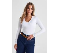 boohoo Women's Ribbed Built In Bra Long Sleeve V Neck Top in White | Size: 16