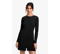 boohoo Women's Ribbed Button Down Smock Mini Dress in Black | Size: 8