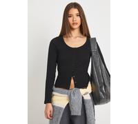 boohoo Women's Ribbed Button Through Scoop Neck Long Sleeve Top in Black | Size: 10
