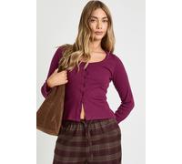 boohoo Women's Ribbed Button Through Scoop Neck Long Sleeve Top in Plum | Size: 14