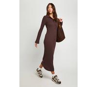boohoo Women's Ribbed Collared Button Down Shirt Midaxi Dress in Chocolate | Size: 14