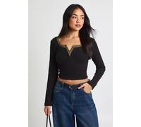 boohoo Women's Ribbed Contrast Henley Button Long Sleeve Top in Black | Size: 12