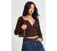 boohoo Women's Ribbed Contrast Henley Button Long Sleeve Top in Chocolate | Size: 12