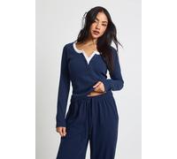 boohoo Women's Ribbed Contrast Henley Button Long Sleeve Top in Navy | Size: 16