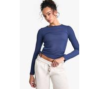 boohoo Women's Ribbed Ruched Tie Side Long Sleeve Top in Navy | Size: 10