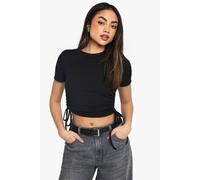 boohoo Women's Ribbed Shoulder Pad Ruched Side Baby T-Shirt in Black | Size: Small/Medium