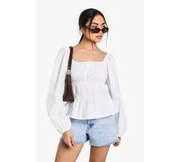 boohoo Women's Ruched Cotton Poplin Blouse in White | Size: 10