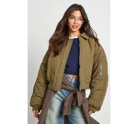 boohoo Women's Ruched Sleeve Bomber Jacket in Khaki | Size: 16