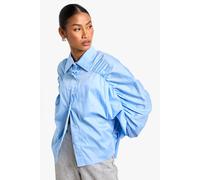 boohoo Women's Ruched Sleeve Detail Cotton Poplin Shirt in Light Blue | Size: 6