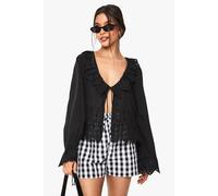 boohoo Women's Ruffle Broderie Tie Detail Blouse in Black | Size: 6