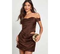 boohoo Women's Satin Bardot Corset Top in Espresso | Size: 14