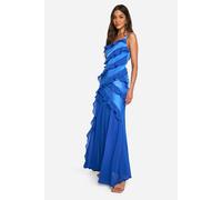 boohoo Women's Satin Chiffon Ruffle Asymmetric Maxi Dress in Cobalt | Size: 14