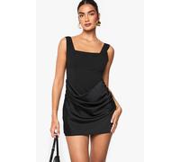 boohoo Women's Satin Drape Jacquard Detail Square Neck Mini Dress in Black | Size: 18