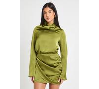 boohoo Women's Satin High Cowl Wrap Mini Dress in Olive | Size: 8