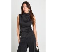 boohoo Women's Satin High Neck Ruched Top in Black | Size: 12