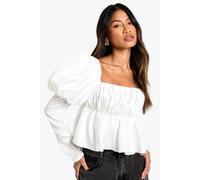 boohoo Women's Satin Puff Sleeve Ruched Bust Smock Top in Ivory | Size: 12