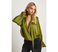 boohoo Women's Satin Scarf Detail Blouse in Chartreuse | Size: 8