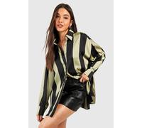 boohoo Women's Satin Wide Stripe Drop Shoulder Shirt in Green | Size: 14