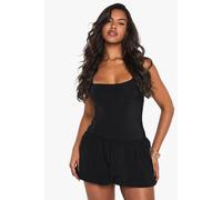boohoo Women's Scoop Neck Puffball Mixed Fabric Mini Dress in Black | Size: 12