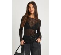 boohoo Women's Sequin High Neck Aysm Hem Top in Black | Size: 6