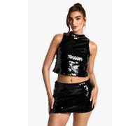 boohoo Women's Sequin High Neck Jeans Grazer Top in Black | Size: 12