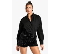 boohoo Women's Sequin High Waist Short in Black | Size: 12
