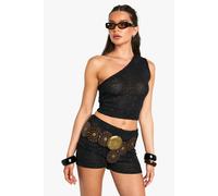 boohoo Women's Sequin Knit Sheer Asymmetric One Shoulder Knitted Top in Black | Size: Medium