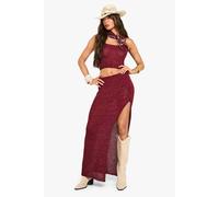 boohoo Women's Sequin Knit Sheer Cami Top & Split Side Maxi Skirt in Burgundy | Size: Large