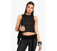boohoo Women's Sequin Knit Sheer Racer High Neck Knitted Top in Black | Size: Medium