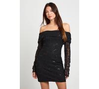 boohoo Women's Sequin Lace Bardot Mini Dress in Black | Size: 10
