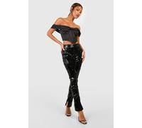boohoo Women's Sequin Mid Rise Split Hem Trousers in Black | Size: 10