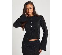 boohoo Women's Sequin Rib Long Sleeve Button Through Top in Black | Size: 10