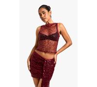 boohoo Women's Sequin Sheer Racer Vest in Malbec | Size: 16