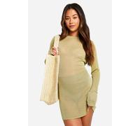 boohoo Women's Sheer Fine Knit Micro Mini Dress in Khaki | Size: 14