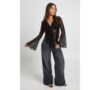 boohoo Women's Sheer Lace Ruffle Blouse in Black | Size: 10