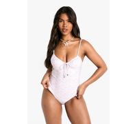 boohoo Women's Shell Print Pearl Trim Underwire Swimsuit in Cream | Size: 12