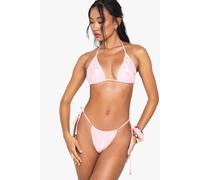 boohoo Women's Shell Trim Embellished Triangle Bikini Top & Tanga Tie Side Bikini Bottoms in Pink | Size: 16