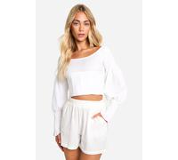 boohoo Women's Shirred Linen Look Corset Top With Boning in White | Size: 12