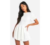 boohoo Women's Shirred Short Sleeve Puff Sleeve Mini Dress in White | Size: 8