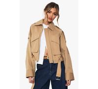 boohoo Women's Short Belted Utility Trench Coat in Camel | Size: 14