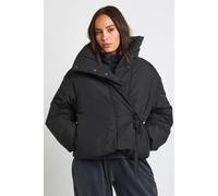 boohoo Women's Short Funnel Neck Tie Side Puffer Jacket in Black | Size: 14