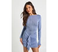 boohoo Women's Slash Neck Ruffle Detail Acetate Slinky Mini Dress in Slate Blue | Size: 14