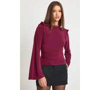 boohoo Women's Slinky Bow Shoulder Detail Long Sleeve Top in Burgundy | Size: 10