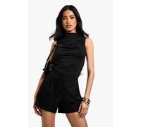 boohoo Women's Slinky High Neck Ruched Top in Black | Size: 10