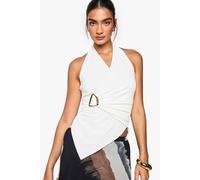 boohoo Women's Slinky Ring Detail Wrap Halterneck Top in Ivory | Size: 14