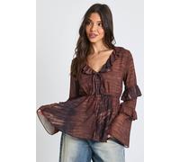 boohoo Women's Snake Print Chiffon Ruffle Cinch Waist Blouse in Brown | Size: 10