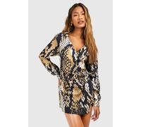 boohoo Women's Snake Satin Wrap Shirt Dress in Black | Size: 8