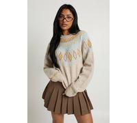 boohoo Women's Soft Knit Chunky High Neck Fairisle Jumper in Grey | Size: Medium