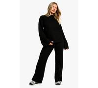 boohoo Women's Soft Knit Thick Rib Crew Neck Oversized Jumper & Knitted Trouser Set in Black | Size: Medium