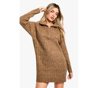 boohoo Women's Soft Knit Thick Rib Zip Neck Oversized Jumper Dress in Camel | Size: Small